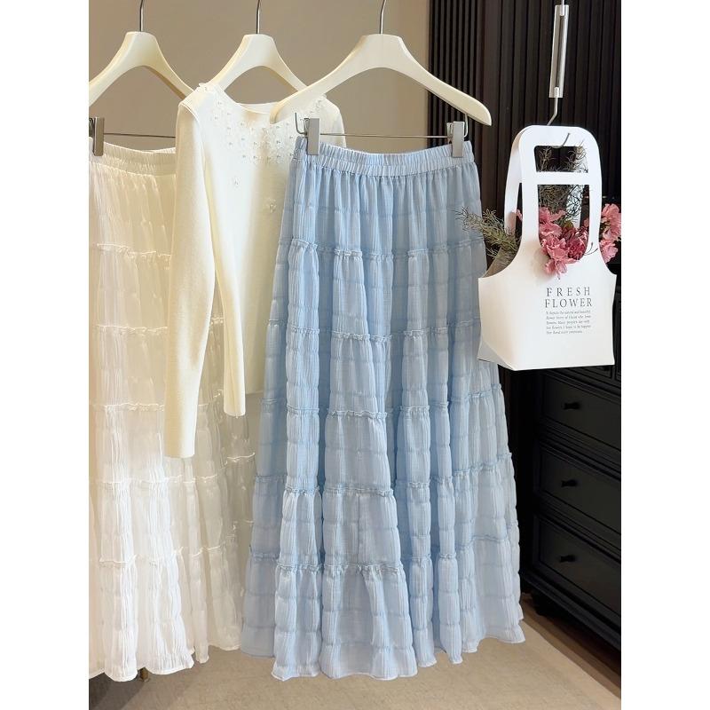 

Spring and summer new high-waisted thin pleated gentle and sweet cake-style skirt women s A-word hip-covering skirt One size fits all синий