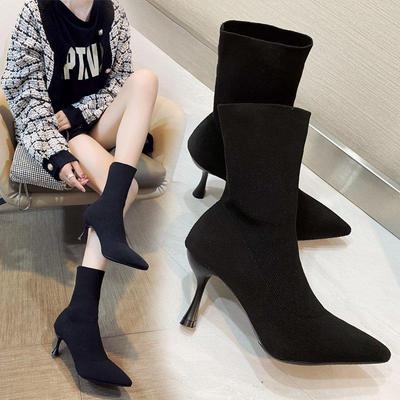 European Autumn/Winter Stiletto Knitted Wool Pointed Toe Sock Ankle Boots: Slimming, Elastic High Heels for Women.