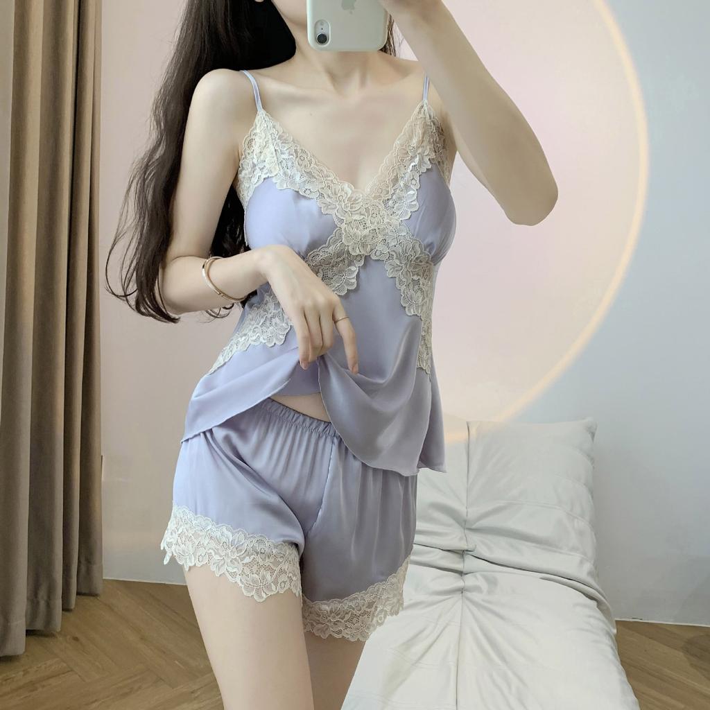 Pyjama en soie glacée pour femmes, été, filles, désir pur, short à bretelles, ensemble loungewear, pyjama femme rose et sexy, loungewear