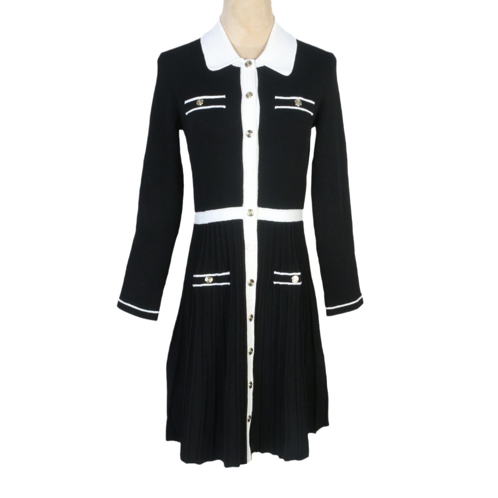 

Autumn Color Block Knit Dress with Pleated Skirt and Long Sleeves M