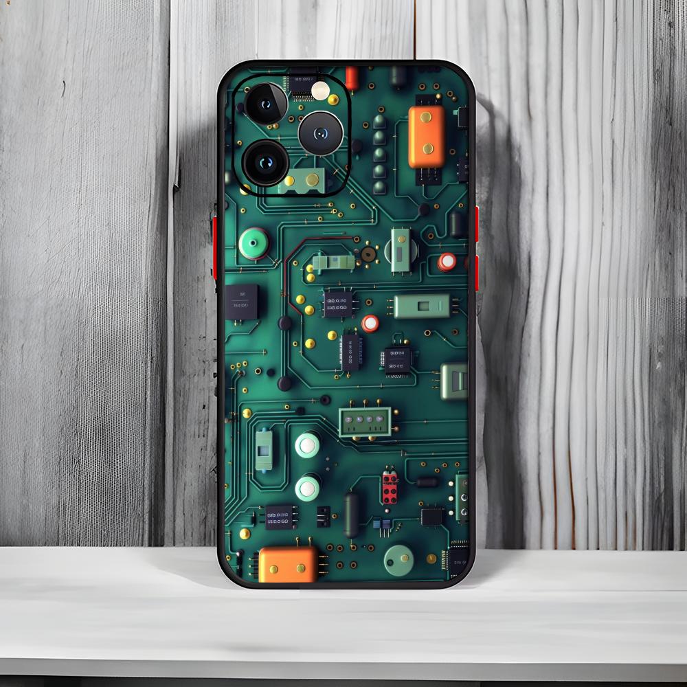 Techy Futuristic Pattern C-Circuit Board Phone Case Black Matte Thin Phone Case For iPhone17 16 15 14 13 ProMax
