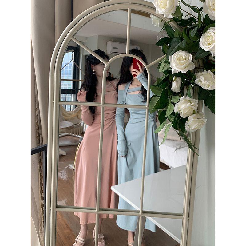 Fashion Sexy Babes One-word Shoulder Neck Long-sleeved Dress Women's Spring New Slim-fit Stacked Inside Long Skirt