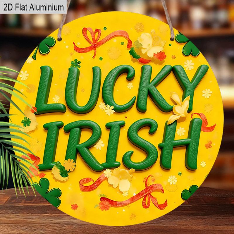 2D Flat Aluminum St. Patrick's Day Lucky Irish Round Aluminum Sign, Metal Hanging Plaque with Shamrock & Ribbon Design, Yellow and Green Irish Themed