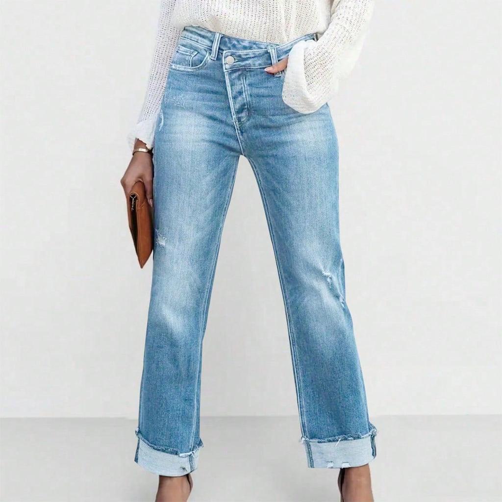High Waist Stretch Denim Jeans for Women Solid Color Slim Straight Pants Pantalones De Mujer