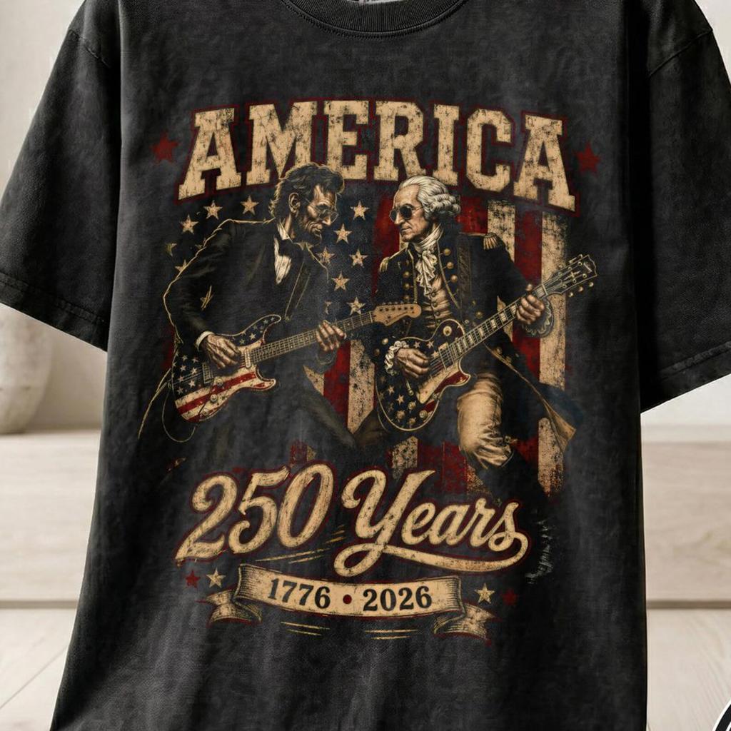America 250 Years T-Shirt and kids tshirt, Patriotic George Washington Abraham Lincoln Guitar Rock Band Tee, Vintage USA History Gift
