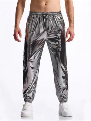 Herren Sommer Elastischer Bund Kordelzug Hose Bequeme Hose Glänzend Heißes Gold Disco Freizeithose