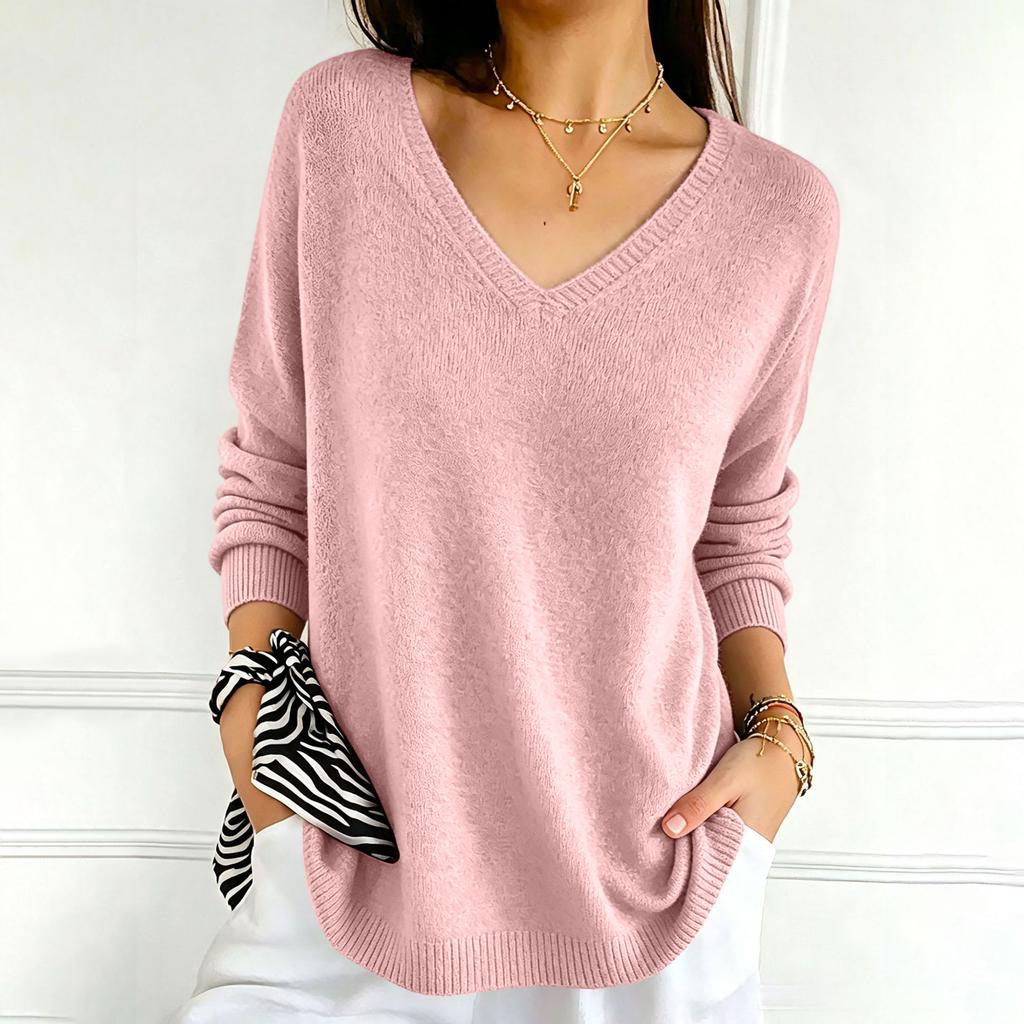 Women's Color V-Neck Long Sleeve Knit Sweater Casual Basic Lightweight Top for Daily Wear