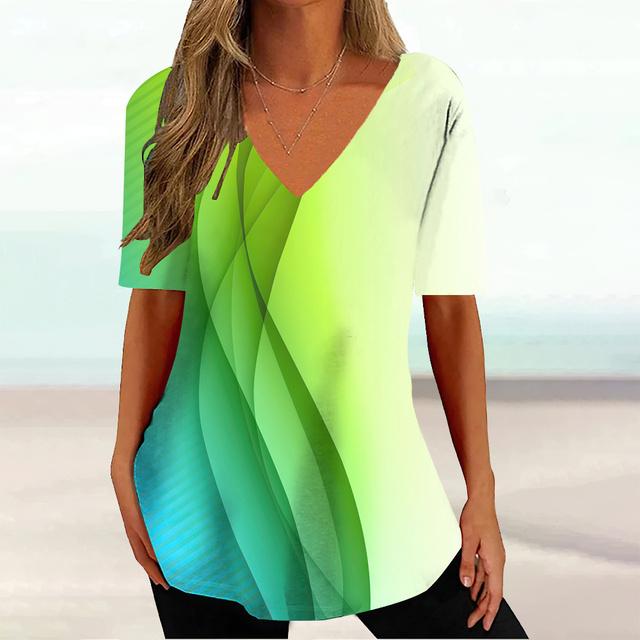 Gradient Stripes Printed V-neck Short Sleeved T-shirt Versatile Comfortable Fashionable Casual Women's T-shirt