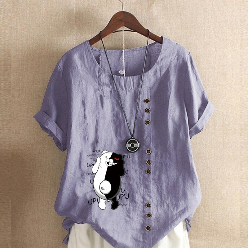 Women's Fashion Round Neck Short Sleeve T-shirt Casual Cotton Linen Graphic Shirt Leisure Loose Black and White Bear Prined Summer Blouse Tops