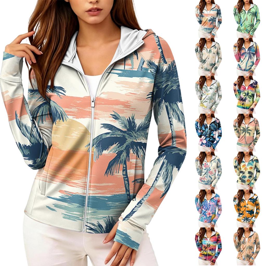 Women's Lightweight Zip-Up Hoodie with Hood and Pockets Hawaiian Print Long Sleeve Sun Protection Jacket for Outdoor Activities