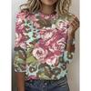Round Neck 3D Flower Printed Top Casual Long Sleeved Women's T-shirts - Soft Medium Stretch Polyester Fabric Spring and Autumn Relaxed Fit Clothing
