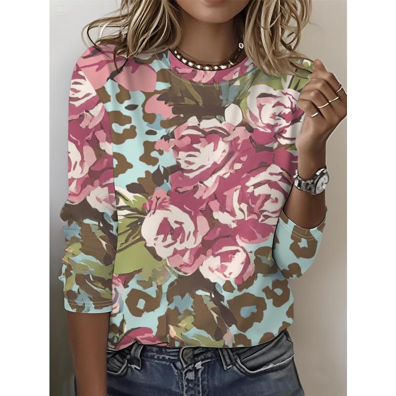 Round Neck 3D Flower Printed Top Casual Long Sleeved Women's T-shirts - Soft Medium Stretch Polyester Fabric Spring and Autumn Relaxed Fit Clothing