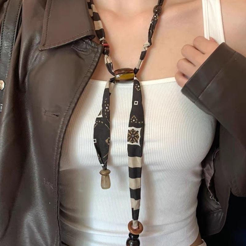 Artistic Retro Fabric Necklace Scarf Neckchain Feature Multicolor Beads Adjustable Length Daily Fashion Jewelry Gift