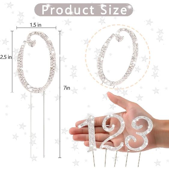 BEIDHIA Number Cake Topper 0-9,Silver Bling Rhinestone Happy Birthday Cake Topper for 10th 20th 30th 40th 50th 60th 70th 80th 90th Birthday Party
