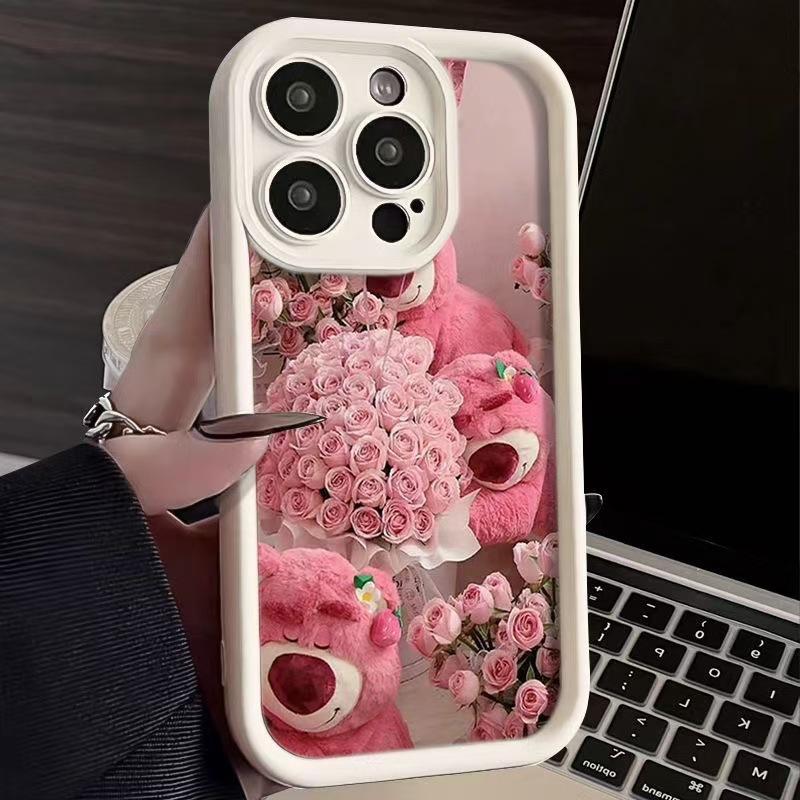 Pink Rose Strawberry Bear for Apple 15Promax Phone Case iPhone16Pro Cute 14 Flowers 17Pro