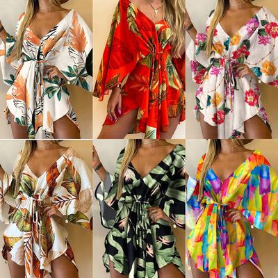 Women Fashion Floral Print V-Neck Bat Sleeve Asymmetric Lace-up Mini Shirt Dress