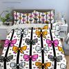 Cartoon Bow Bedding Set Cute Hand Drawn Ribbon, Heart Star Print Duvet Cover Pillow Black Stripe Background Bed Linen For Kids