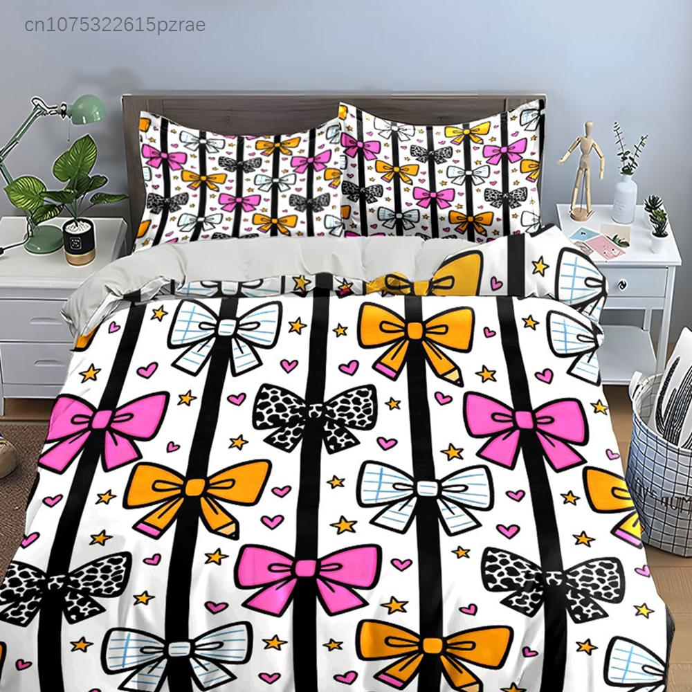Cartoon Bow Bedding Set Cute Hand Drawn Ribbon, Heart Star Print Duvet Cover Pillow Black Stripe Background Bed Linen For Kids