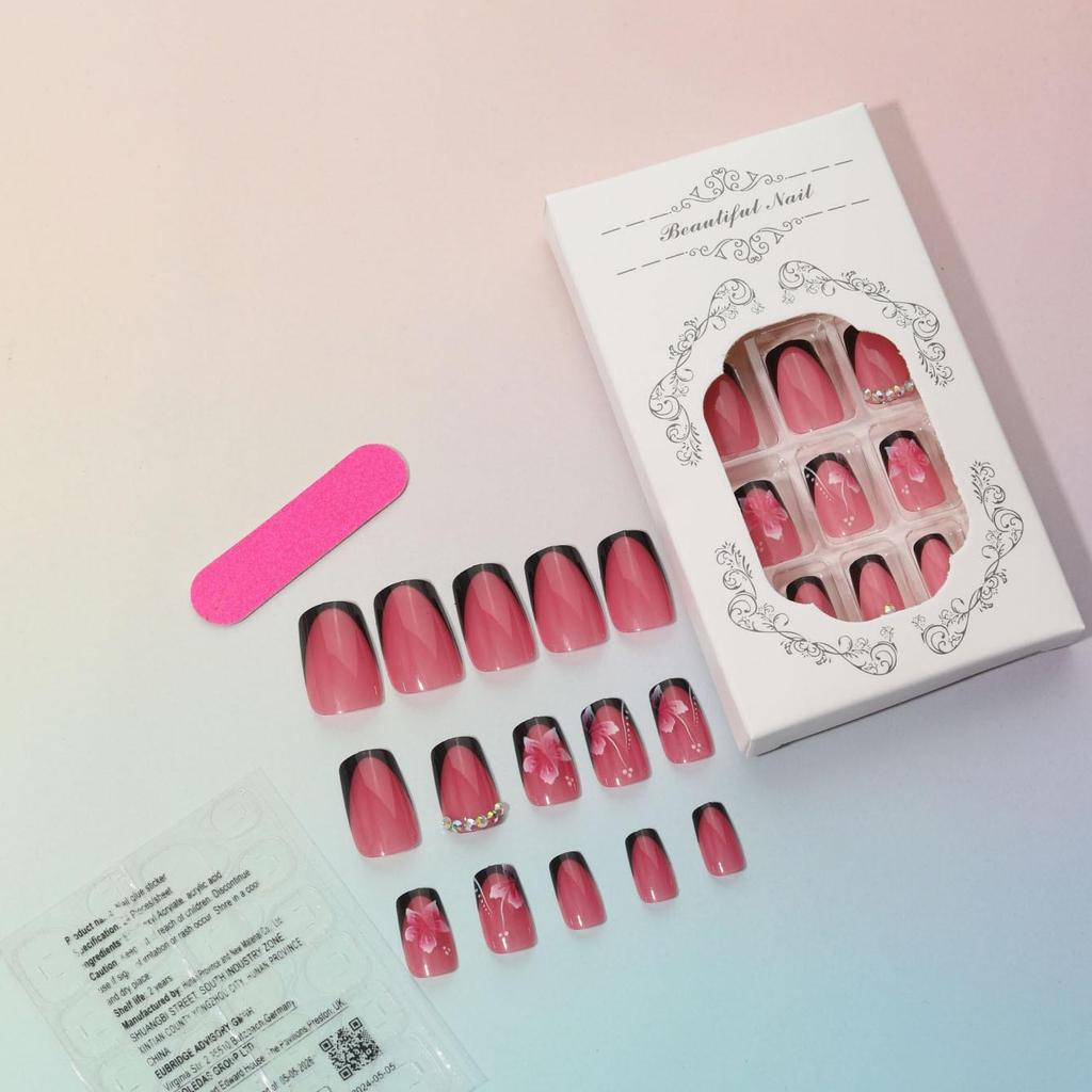 Black French Pink Floral Press-On Nails – Mid-Length Blush Design with Transparent Stickers