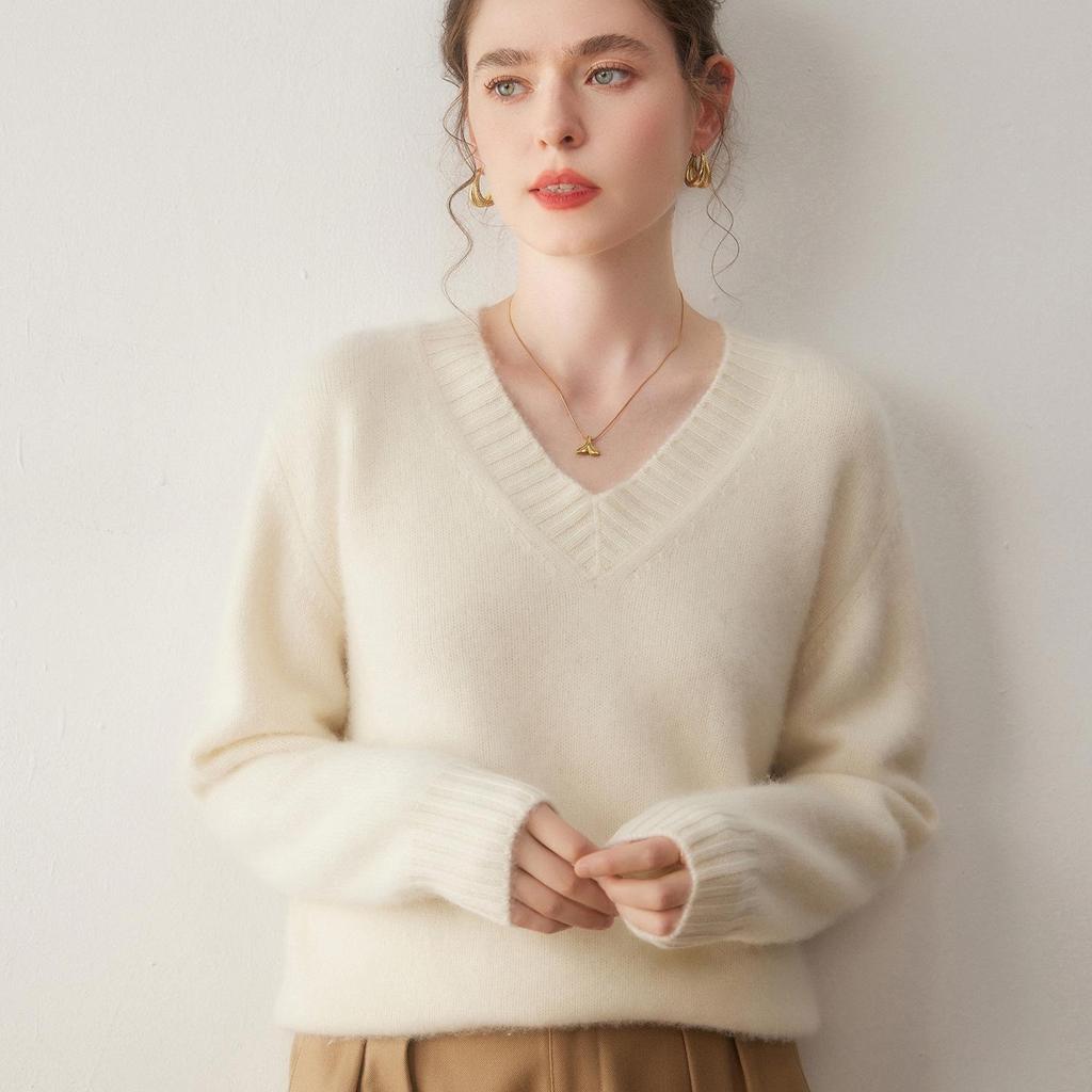 Women's Heavyweight Cashmere V-Neck Sweater - Autumn/Winter Loose Fit Pullover
