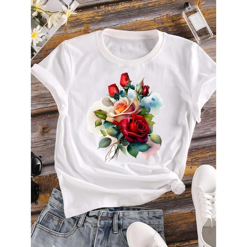 (European Size) 90s Women Flower Watercolor Trend Cute Short Sleeve Fashion Tee Top Clothing Print Lady Casual T-shirt Female Graphic T-shirts