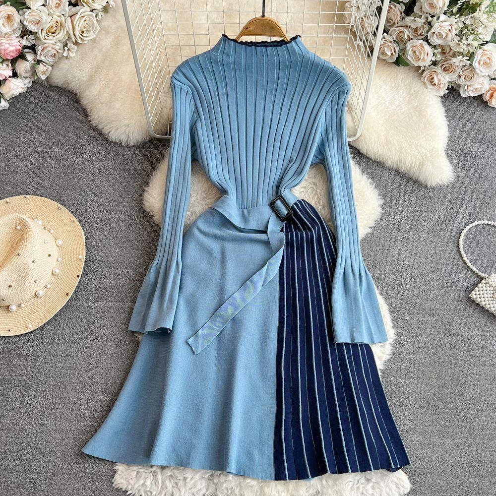 

Осень и Зима Темперамент Корейской Знаменитости Рог Длинный рукав Воротник-стойка Завязка на талии и Тонкое А-силуэт Вязаное Плиссированное Платье XL синий