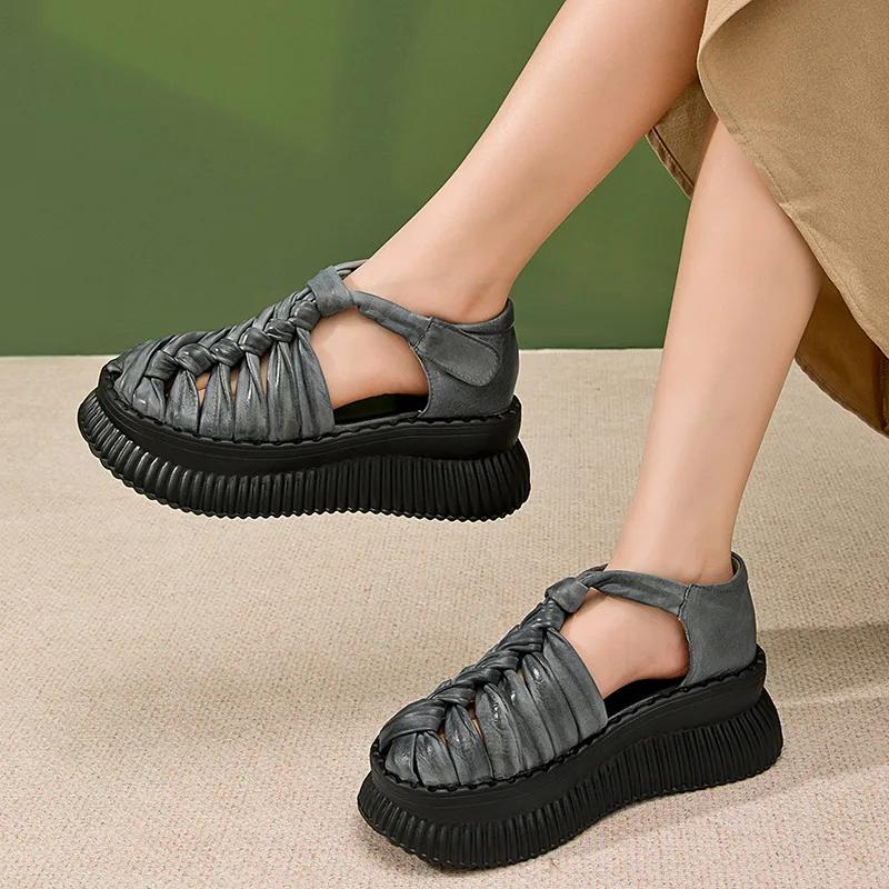 Fashion 5.5CM Cow Genuine Leather Flats Hollow Mary Jane Platform Wedge Booties Sandals Hook Pumps Flats Women Boots Summer Shoes