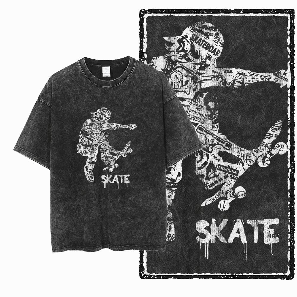 YD SKATE THEME Printed Cotton Acid Washed Graphic Unisex T Shirt Cool SKATEBOARD Streetwear Men Tshirts Big Size Tee for Men