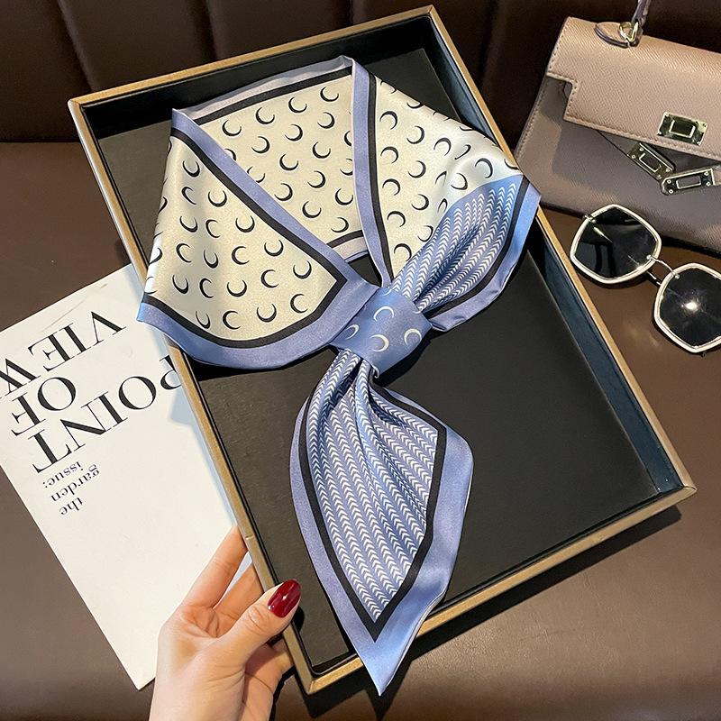 Korean splicing striped crescent moon spring summer double satin lazy cross diagonal silk scarf women s small ear scarf scarf 77*14cm