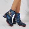 Fashion Women's Short Boots Flower Printed Patchwork Round Toe Thick Bottom Women Shoes Fashion Chunky High Heel Belt Buckle Botas Mujer