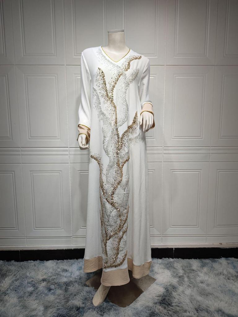 AB330 Sequin Embroidered Abaya: Elegant Middle Eastern Women's Home Leisure Wear