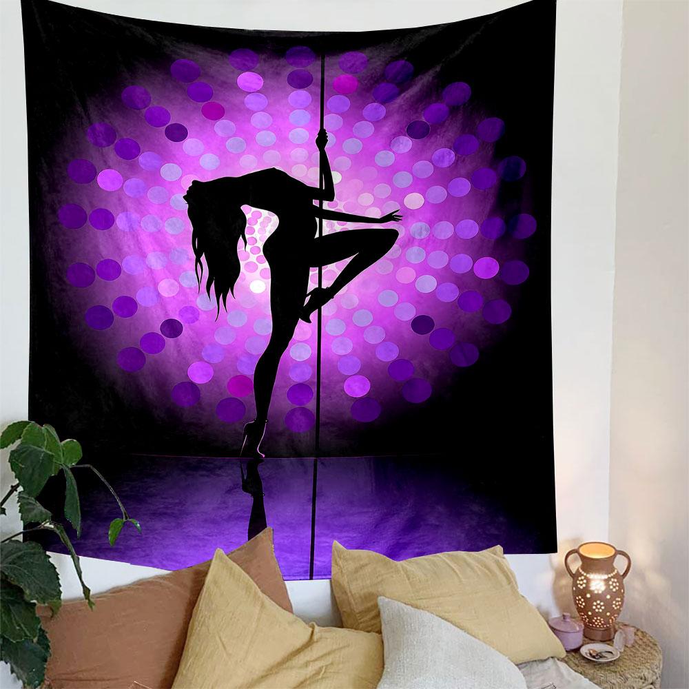 Silhouette of a dancing figure with colorful radial dot patterns. Patterned tapestry for bedroom and living room home decor