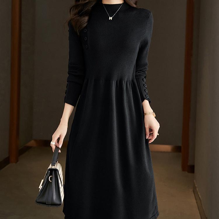 Taillenbetonendes Strickkleid für Damen Einfarbig Lässig Midilang Pullover A-Linien-Pulloverkleid für Herbst und Winter