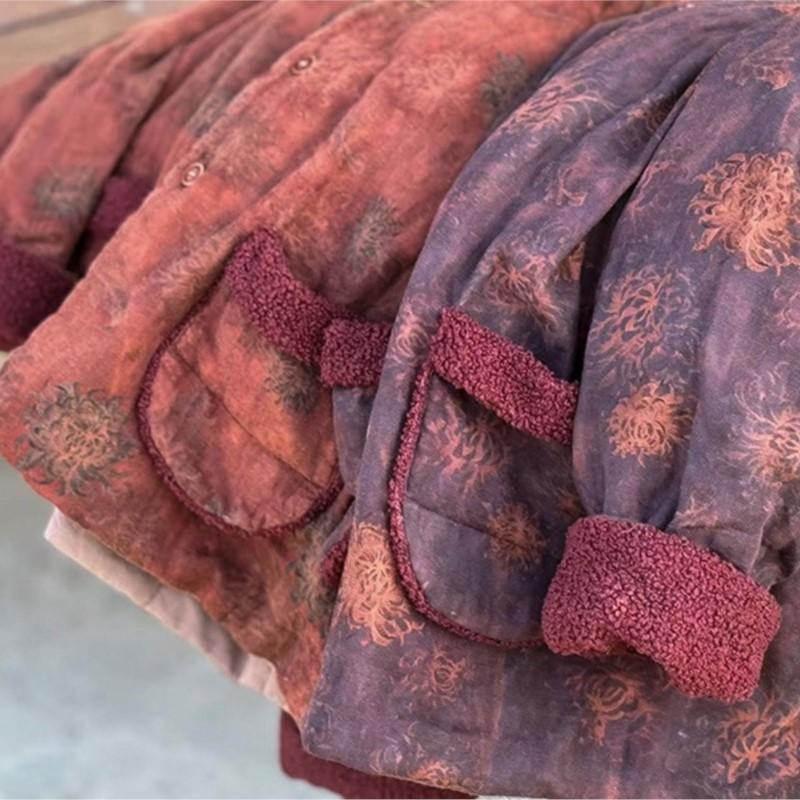 Johnature Women Vintage Print Floral Button Winter Coats Pockets Warm Chinese Style Coats