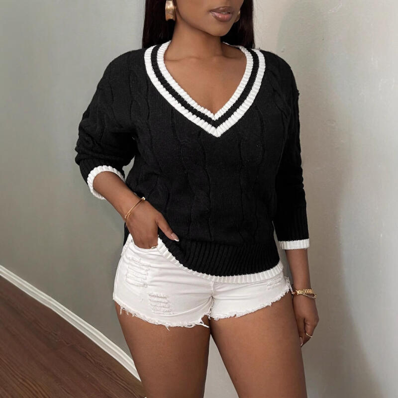 Classic V-Neck Knit Sweater for Women - Warm Academy Style Pullover Casual Chic Office Wear L