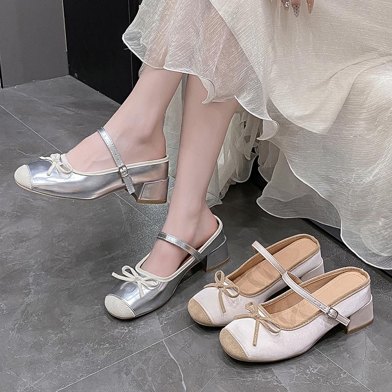 Women's Slippers Summer New Fashion High Heels Round Head Bow Bow Buckle Sandals Casual Coarse Heels Slippers Zapatos Mujer