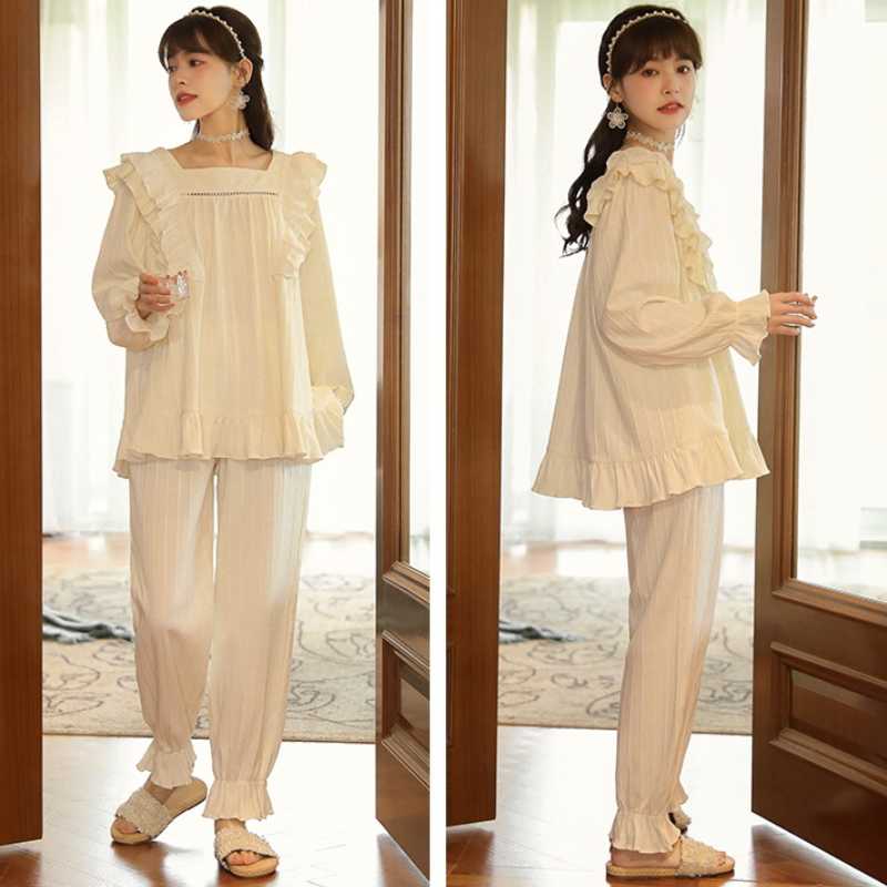 Høst Vinter Kvinner Koreansk Temperament Retro Søt Langermet bomullspyjamassett Nordic Fashion Palace Style Prinsessestil Hjemmeklær