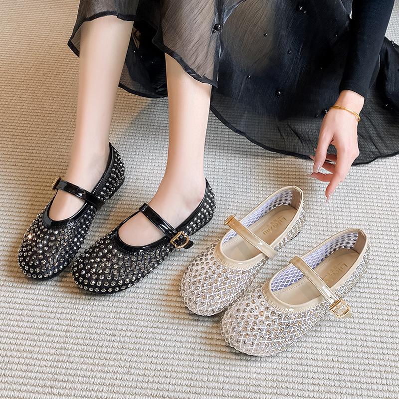 Ballet Single Shoes Women's Flat Bottom 2025 New Round Head Mesh Mary Jane Fairy Wind Soft Bottom Rhinestone Breathable Women's Shoes