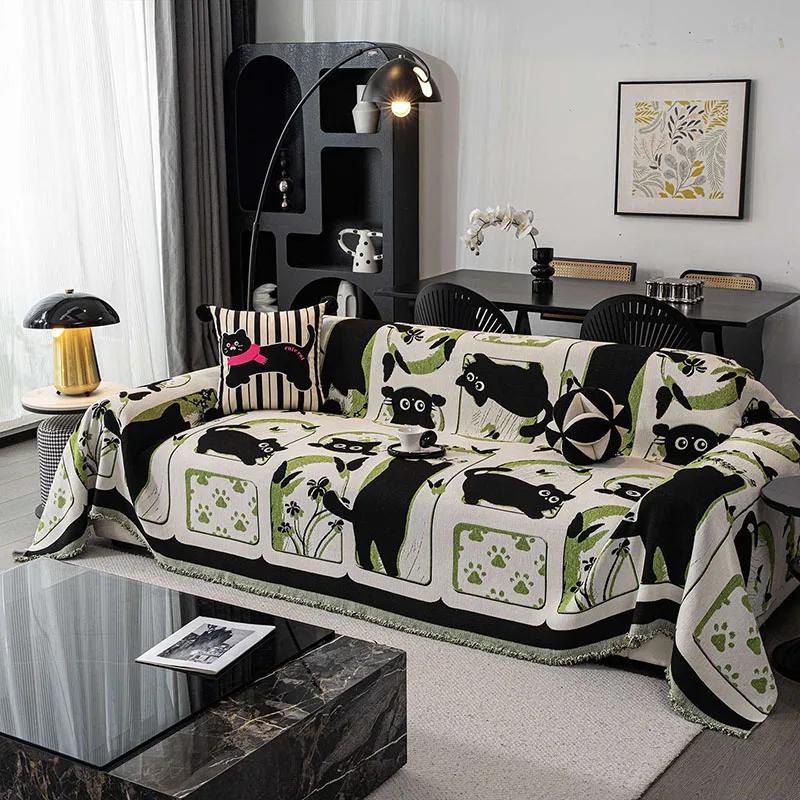 

Cozy Kitten Cartoon Printed Sofa Towel Soft Chenille Furniture Protector with Tassels Easy-Care Cloth Towel for Four Seasons 180x130cm