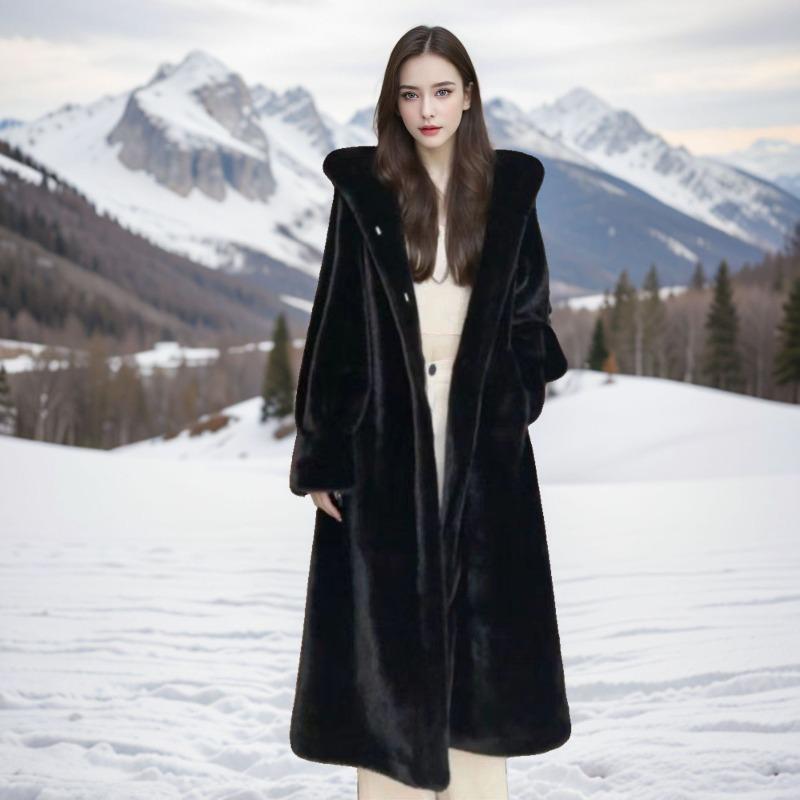 Autumn and Winter New Hooded Hairy Imitation Mink Fur Leopard Print Extended Loose Coat