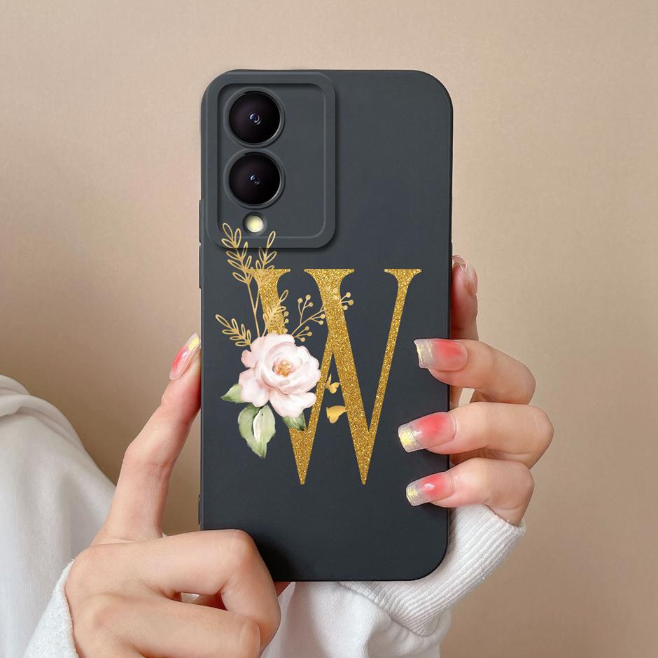 Case For VIVO Y17S 4G A To Z Cute Flower Letter Pattern Smooth Liquid Silicone Shell For VIVOY17S Y17s 4G Fashion Couple Fundas