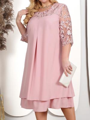 Evropské a americké dámské vyšívané šifonové šaty s kulatým výstřihem, pětiprstým rukávem, volným střihem a ve velikostech plus size