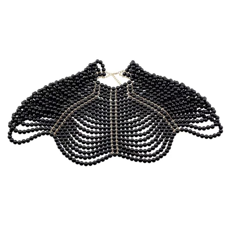 Exquisited Chest Chain Imitation Pearls Tassels Layered Necklace Shawl Beaded Body Jewelry for Elegant Evening Parties