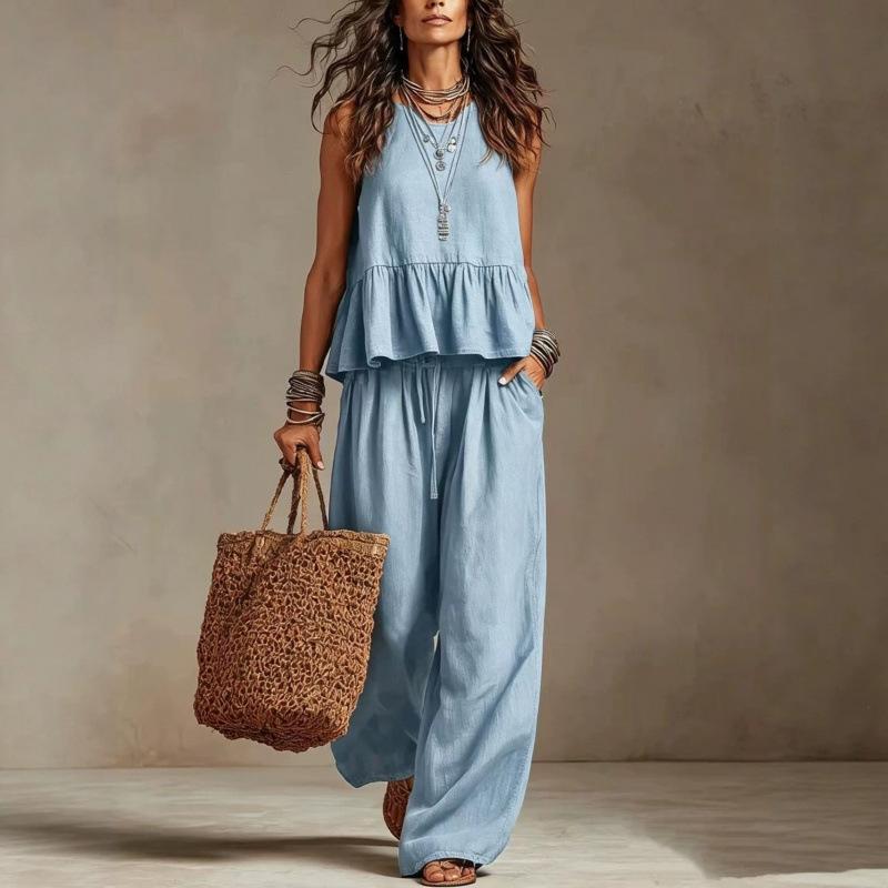 Women Solid Color Sleeveless Tank Top And Drawstring Waist Wide Leg Pants Casual Loose Fit Two Piece Set Summer Outfit