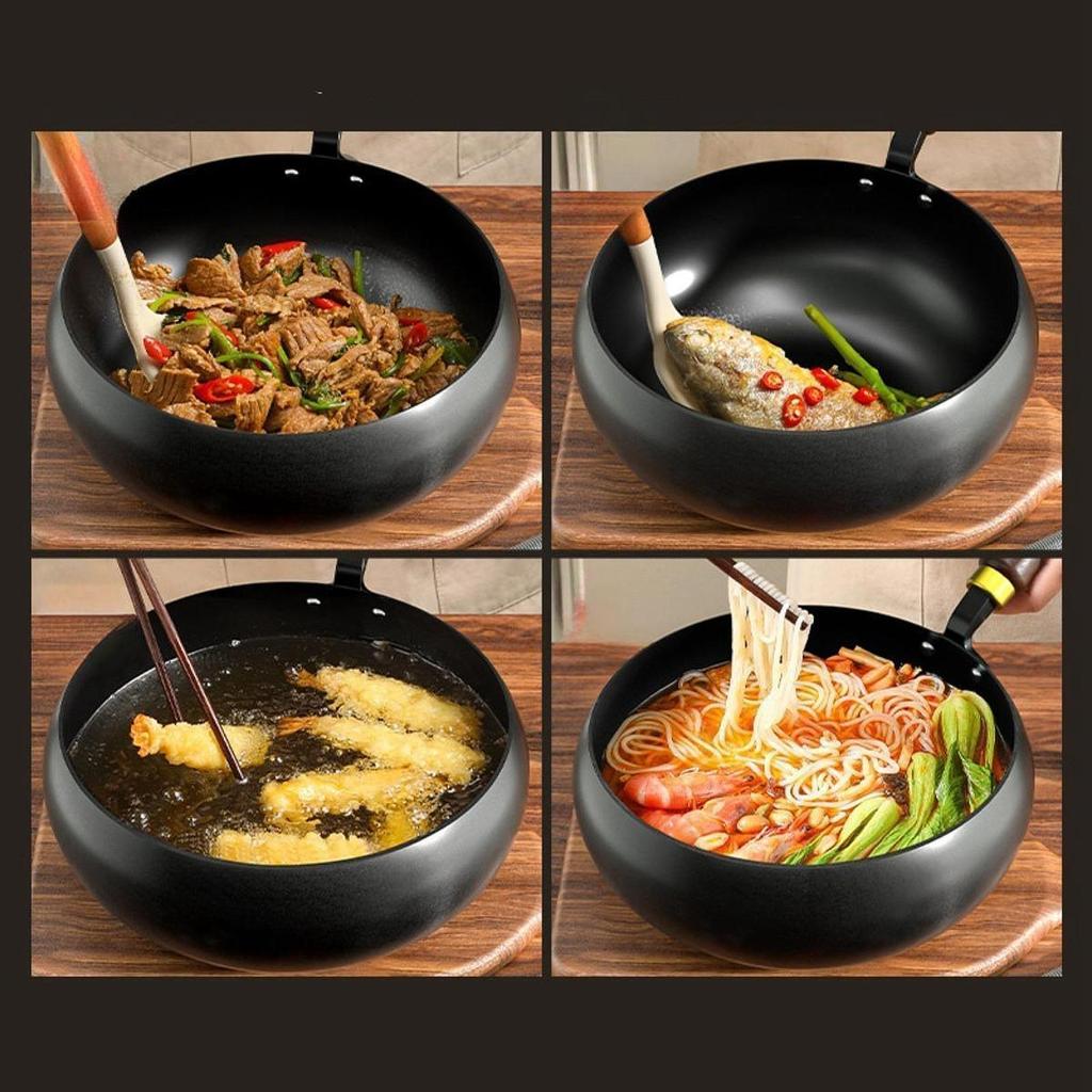 Gusseisenpfanne Holzdeckel, Bratpfanne Kochgeschirr für Induktionsherd, Wok zum Pfannenrühren Chinesischer Wok für Küche Hotel Zuhause Camping