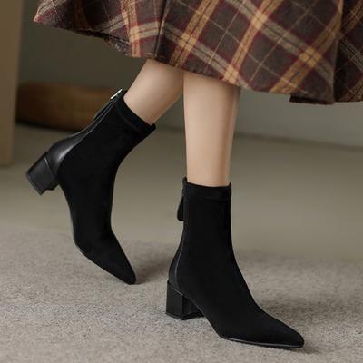 Fashion Women's Elastic Boots 2024 Autumn Winter New Pointed Suede Nude Color Non-slip Back Zipper High-heeled Fashion Boots Botas Mujer