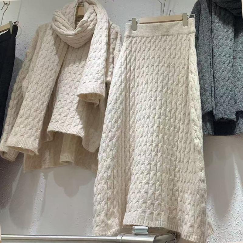 Casual three-piece autumn and winter lazy wind large size long-sleeved scarf knitted sweater skirt set