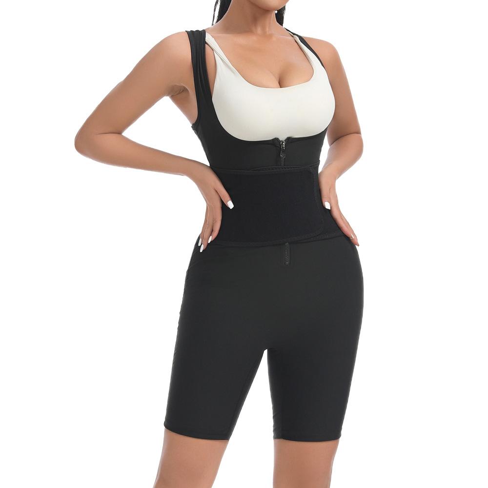 Sleeveless Sauna Suit with Waist Trainer Belt Women Heat Trapping Polymer Bodysuit Tummy Control Sweat Romper Shorts Jumpsuit