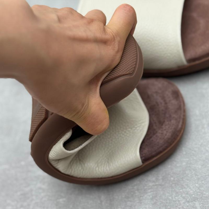 Johnature Genuine Leather Peep Toe Flat Slippers Simple Comfortable Soft Soled Cowhide Women's Slides