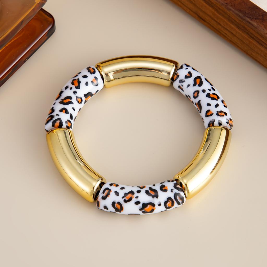 CCB Vintage Resin Round Tube Leopard print Elastic Bracelet for Women Bohemian Stackable Acrylic Bracelet Bangle Party